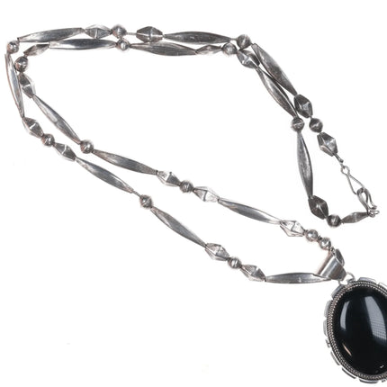 Vintage Navajo silver 30" necklace with large onyx pendant - Estate Fresh Austin