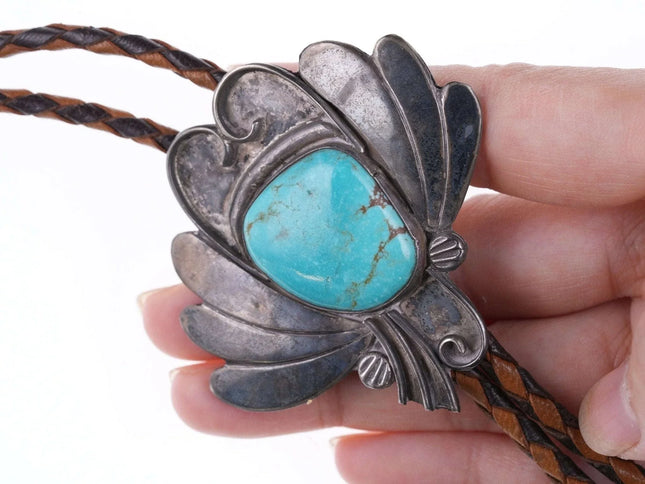 Vintage Navajo Sterling and turquoise bolo tie b - Estate Fresh Austin