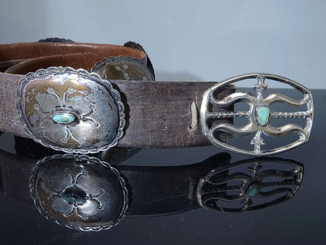 Vintage Navajo Sterling and Turquoise Sandcast Concho Belt - Estate Fresh Austin