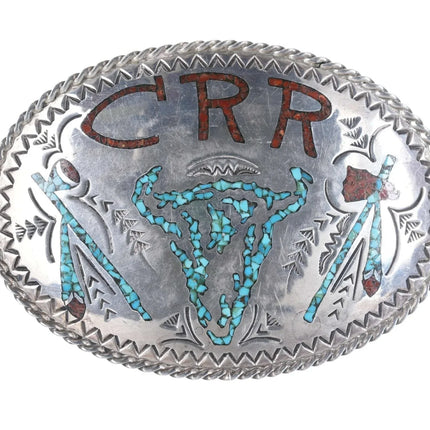 Vintage Navajo sterling chip inlay belt buckle - Estate Fresh Austin