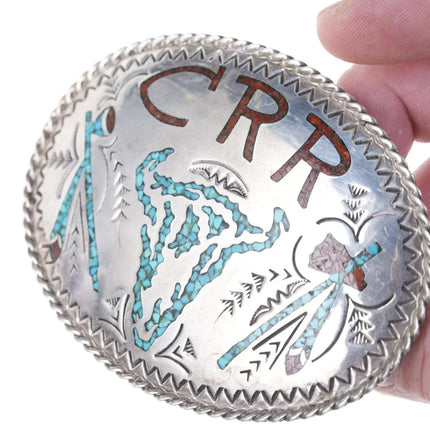 Vintage Navajo sterling chip inlay belt buckle - Estate Fresh Austin