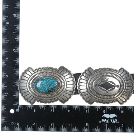 Vintage Navajo Sterling concho belt w/Black web Kingman turquoise - Estate Fresh Austin