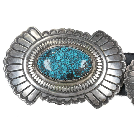 Vintage Navajo Sterling concho belt w/Black web Kingman turquoise - Estate Fresh Austin