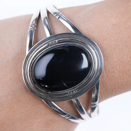 6.5" Vintage Navajo Sterling Obsidian Cuff bracelet - Estate Fresh Austin