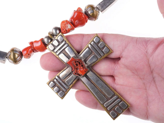 Vintage Navajo Sterling on Brass Coral cross necklace - Estate Fresh Austin