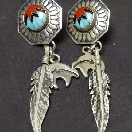 Vintage Navajo Sterling QT Sterling Quoc Turquoise New Mexico Earrings inlaid fe - Estate Fresh Austin