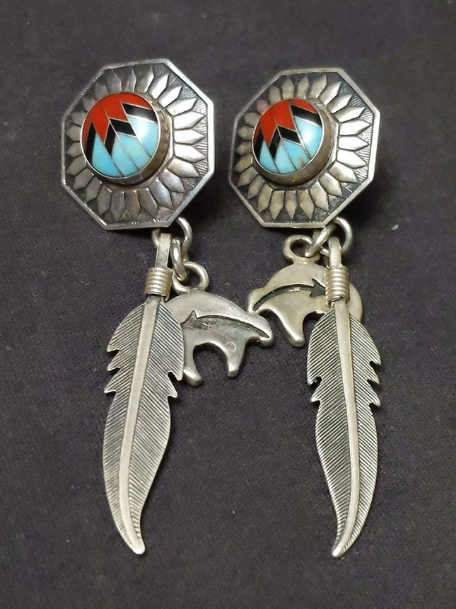 Vintage Navajo Sterling QT Sterling Quoc Turquoise New Mexico Earrings inlaid fe - Estate Fresh Austin