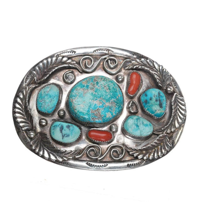 Vintage Navajo sterling, turquoise, and coral belt buckle w/sun hallmark - Estate Fresh Austin