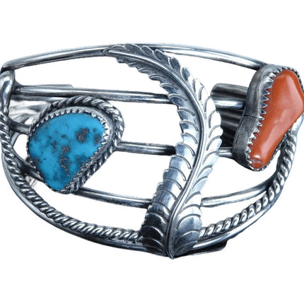 7" Vintage Navajo Sterling Turquoise and Coral Cuff bracelet - Estate Fresh Austin