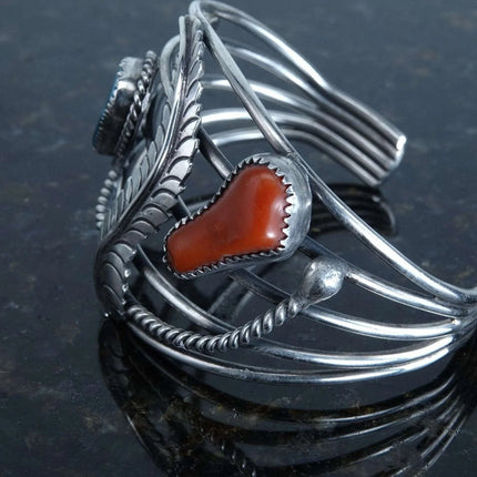 7" Vintage Navajo Sterling Turquoise and Coral Cuff bracelet - Estate Fresh Austin