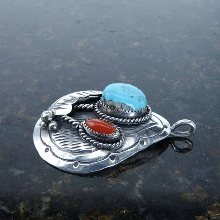 Vintage Navajo Sterling Turquoise and coral pendant - Estate Fresh Austin