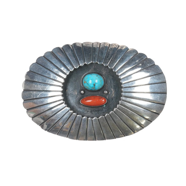 Vintage Navajo Sterling turquoise and coral shadowbox belt buckle - Estate Fresh Austin