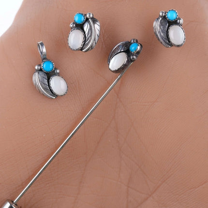Vintage Navajo Sterling, turquoise and shell earrings, pendant, and stickpin - Estate Fresh Austin