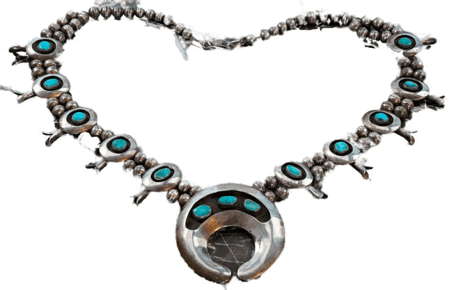Vintage Navajo Sterling/Turquoise Shadowbox Squash blossom necklace - Estate Fresh Austin