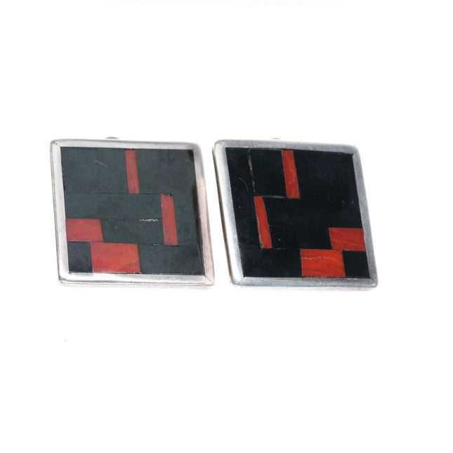 Vintage Nez Native American sterling intarsia inlay earrings coral/jet - Estate Fresh Austin