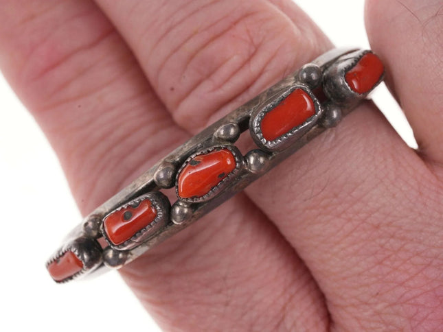 4.87" c1950 Childs Navajo sterling Silver/coral row cuff bracelet - Estate Fresh Austin