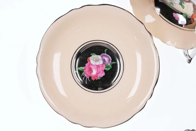 Vintage Paragon Floating Roses bouquet On platinum Peach border Teacup and sauce - Estate Fresh Austin