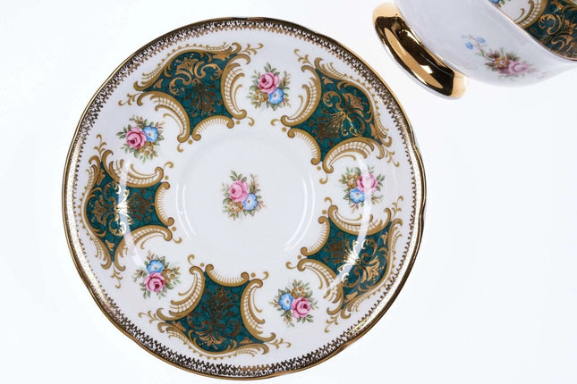 Vintage Paragon Teacup and saucer pink roses blue flowers grn border - Estate Fresh Austin