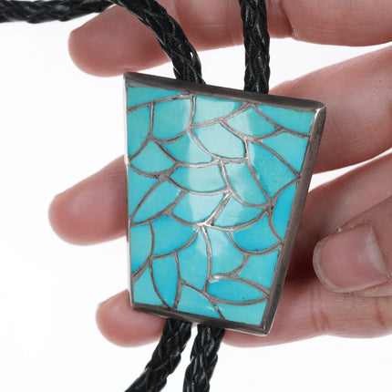 Vintage RHC Zuni Silver and Turquoise Fishscale channel inlay bolo tie - Estate Fresh Austin