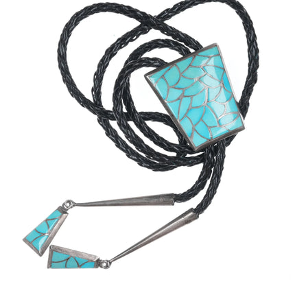 Vintage RHC Zuni Silver and Turquoise Fishscale channel inlay bolo tie - Estate Fresh Austin