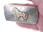 Vintage Ricardo solid 10k gold on Sterling hand engraved horse belt buckle - Estate Fresh Austin