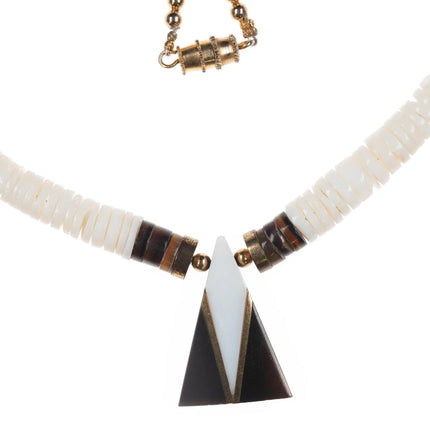 Vintage Santo domingo Heishi necklace, shell, Jet, brass - Estate Fresh Austin