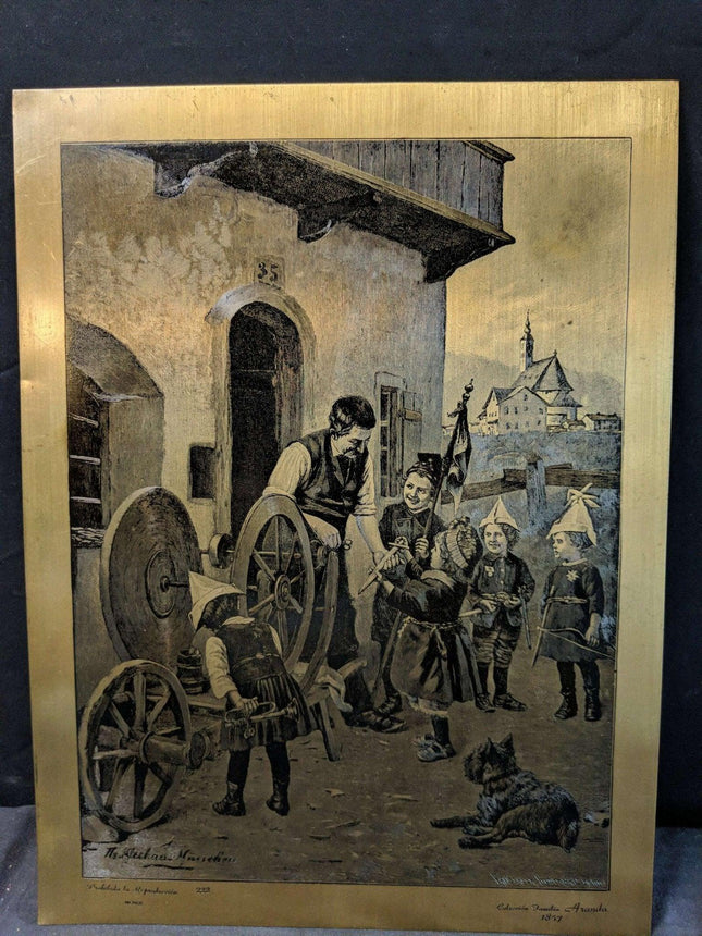 Vintage Steel Engraving on a bronze Sheet Coleccion Familia Aranda 1857 Children - Estate Fresh Austin