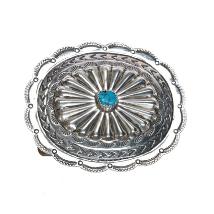 Vintage Sterling Navajo turquoise concho belt buckle with hand stamped design - Estate Fresh Austin