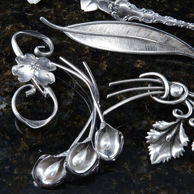 Vintage Sterling silver brooch Collection Beau New Years Eve Clover, Salt spoon pin - Estate Fresh Austin