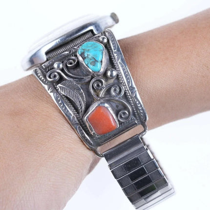 Vintage Sterling/Turquoise Coral Navajo Watch band with Old school timex - Estate Fresh Austin