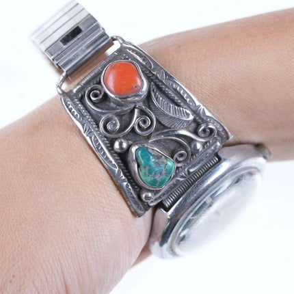 Vintage Sterling/Turquoise Coral Navajo Watch band with Old school timex - Estate Fresh Austin