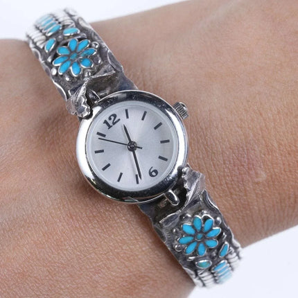 6.25" Dishta flush inlay turquoise sterling silver Zuni watch cuff bracelet - Estate Fresh Austin