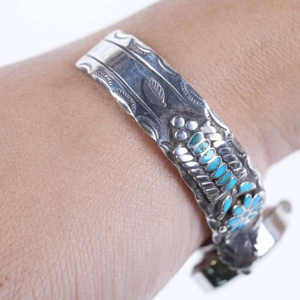 6.25" Dishta flush inlay turquoise sterling silver Zuni watch cuff bracelet - Estate Fresh Austin