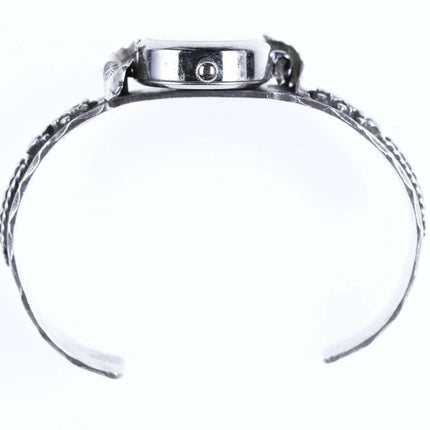 6.25" Dishta flush inlay turquoise sterling silver Zuni watch cuff bracelet - Estate Fresh Austin