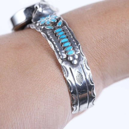 6.25" Dishta flush inlay turquoise sterling silver Zuni watch cuff bracelet - Estate Fresh Austin