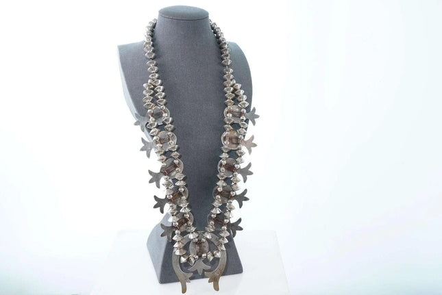 Vintage Tufa cast Silver Channel inlay Coral and jet squash blossom necklace - Estate Fresh Austin