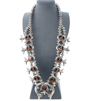 Vintage Tufa cast Silver Channel inlay Coral and jet squash blossom necklace - Estate Fresh Austin