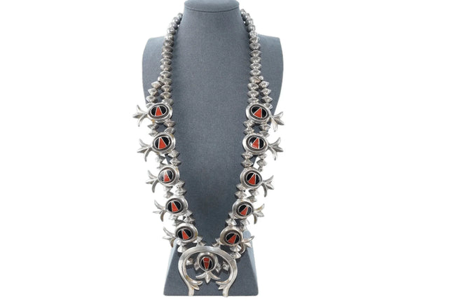 Vintage Tufa cast Silver Channel inlay Coral and jet squash blossom necklace - Estate Fresh Austin