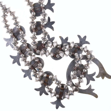 Vintage Tufa cast Silver Channel inlay Coral and jet squash blossom necklace - Estate Fresh Austin