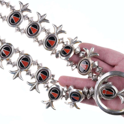 Vintage Tufa cast Silver Channel inlay Coral and jet squash blossom necklace - Estate Fresh Austin