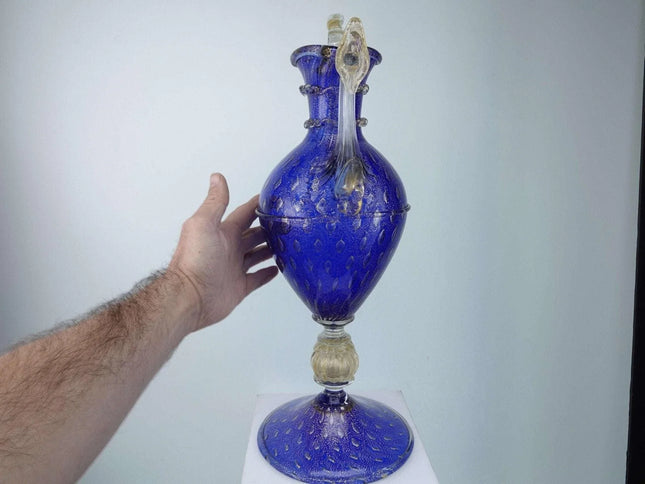 Vintage Venetian cobalt blue gold and controlled bubbles ewer form sculptural va - Estate Fresh Austin