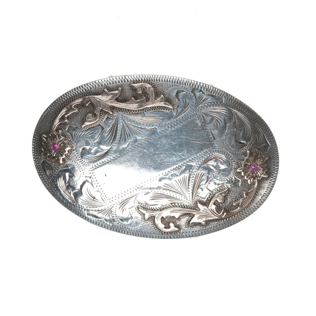 Vintage Vogt Sterling/10k with rubies hand engraved belt buckle - Estate Fresh Austin