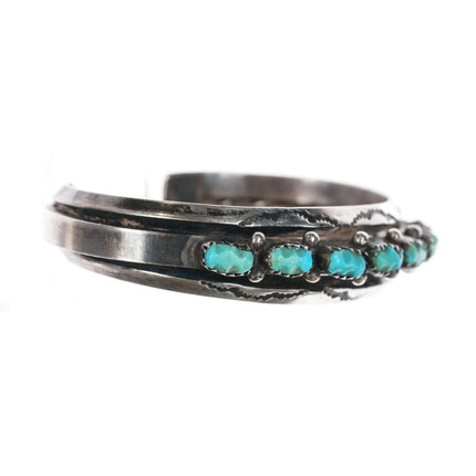 6" Vintage Zuni carved turquoise row cuff bracelet w/stamped carinated silver edges - Estate Fresh Austin