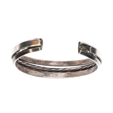 6" Vintage Zuni carved turquoise row cuff bracelet w/stamped carinated silver edges - Estate Fresh Austin