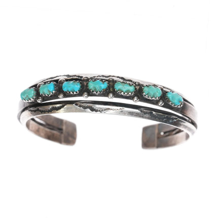 6" Vintage Zuni carved turquoise row cuff bracelet w/stamped carinated silver edges - Estate Fresh Austin