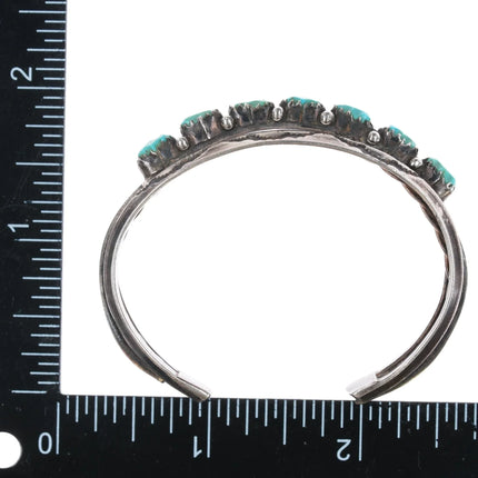 6" Vintage Zuni carved turquoise row cuff bracelet w/stamped carinated silver edges - Estate Fresh Austin