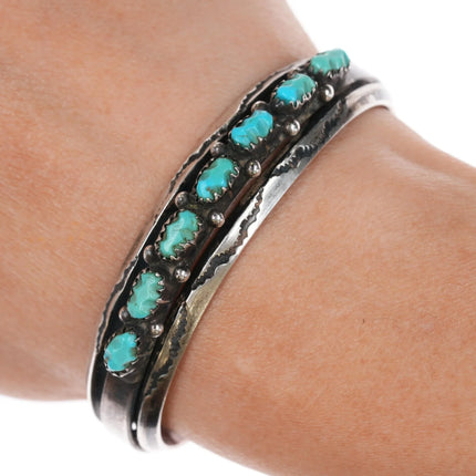 6" Vintage Zuni carved turquoise row cuff bracelet w/stamped carinated silver edges - Estate Fresh Austin