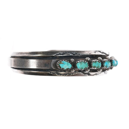 6" Vintage Zuni carved turquoise row cuff bracelet w/stamped carinated silver edges - Estate Fresh Austin