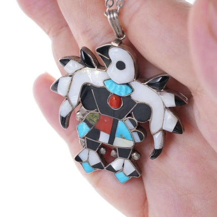Vintage Zuni Charles and Mary Ann Poncho Channel inlay Eagle dancer pendant - Estate Fresh Austin