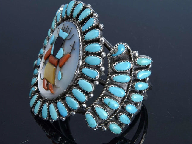 Vintage Zuni Petit point Turquoise and Multistone inlay Cuff bracelet - Estate Fresh Austin